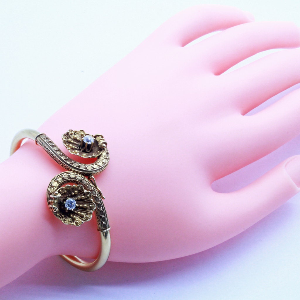 Antique Etruscan Revival Victorian Bangle Bracelet 14k Gold Diamonds USA (7053)