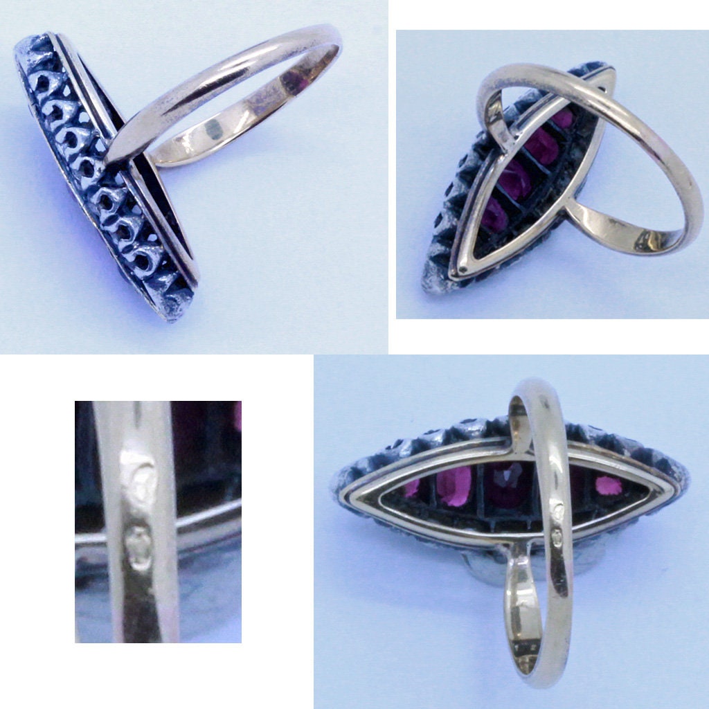Antique Victorian French Navette Ring 18k Gold Rose Diamonds Rubies Silver(7007)