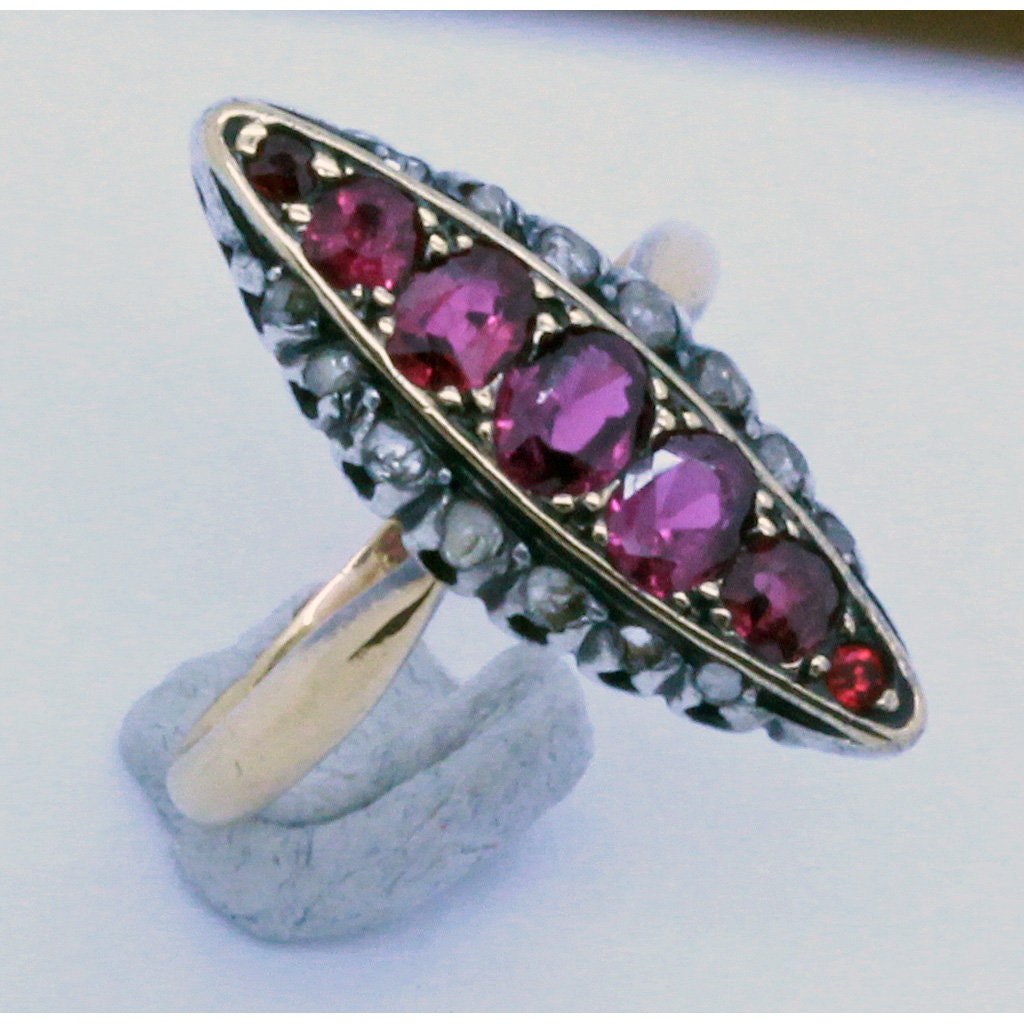 Antique Victorian French Navette Ring 18k Gold Rose Diamonds Rubies Silver(7007)
