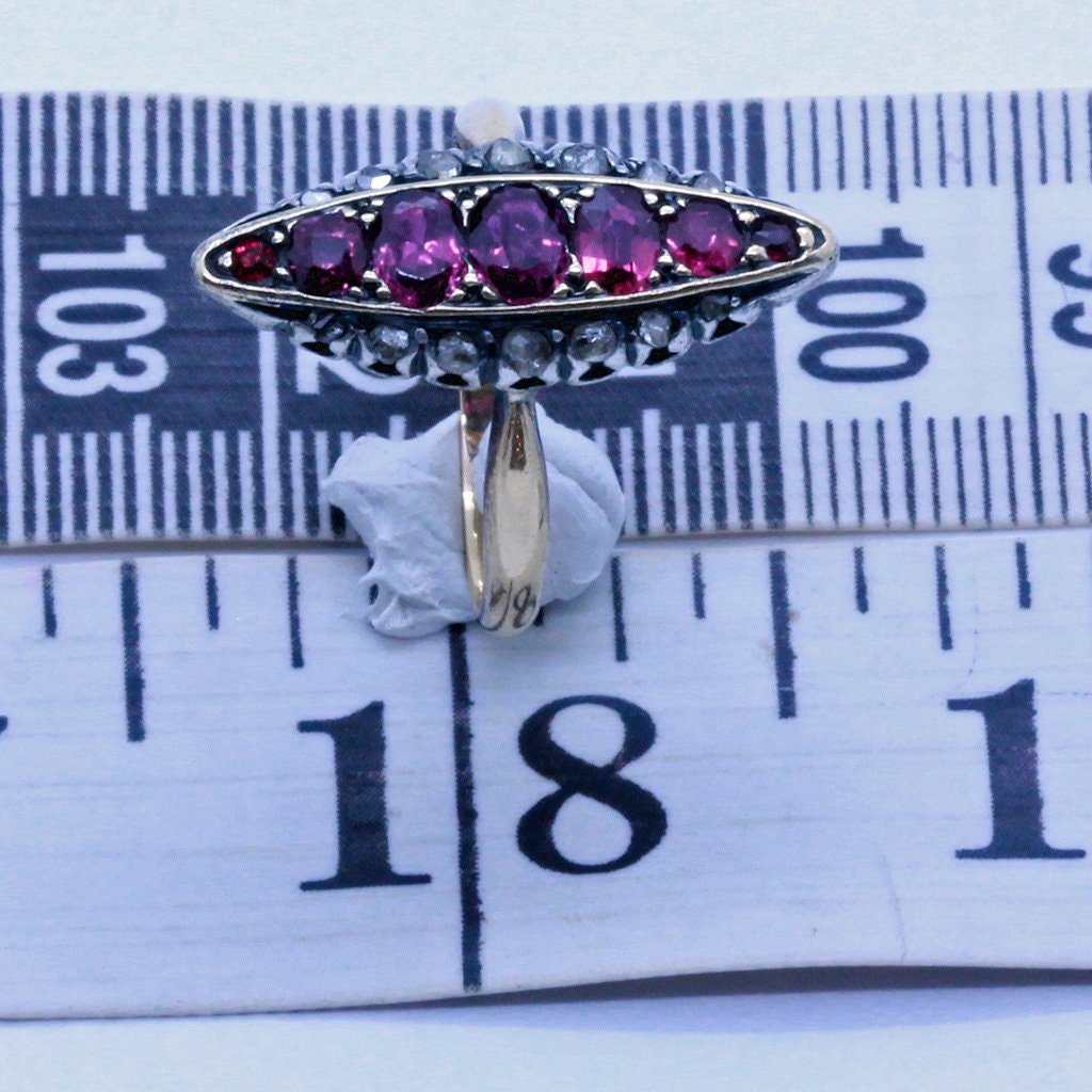 Antique Victorian French Navette Ring 18k Gold Rose Diamonds Rubies Silver(7007)