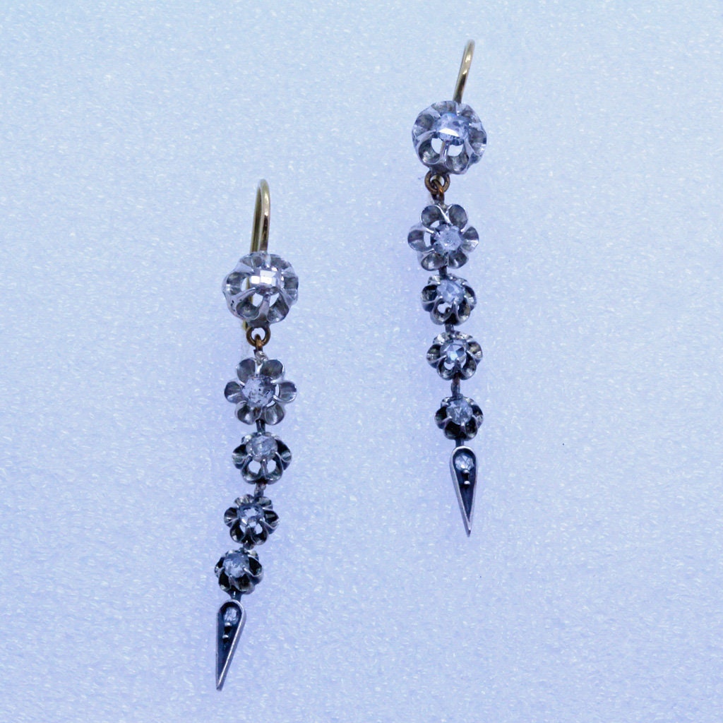 Antique Edwardian Earrings Diamond Dangles Silver Gold French c1910-20 (7019)
