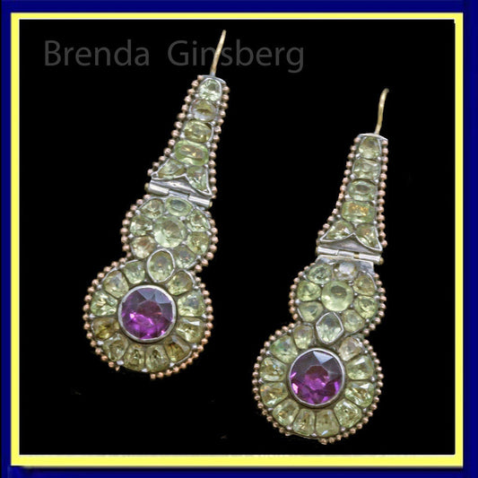 Antique Georgian Earrings Chrysoberyl Amethysts Iberian Ear Pendants 18C (7033)