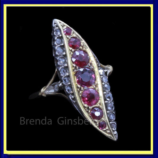 Antique Victorian Ring Rubies Diamonds 18k Gold Silver French Napoleon III(7034)