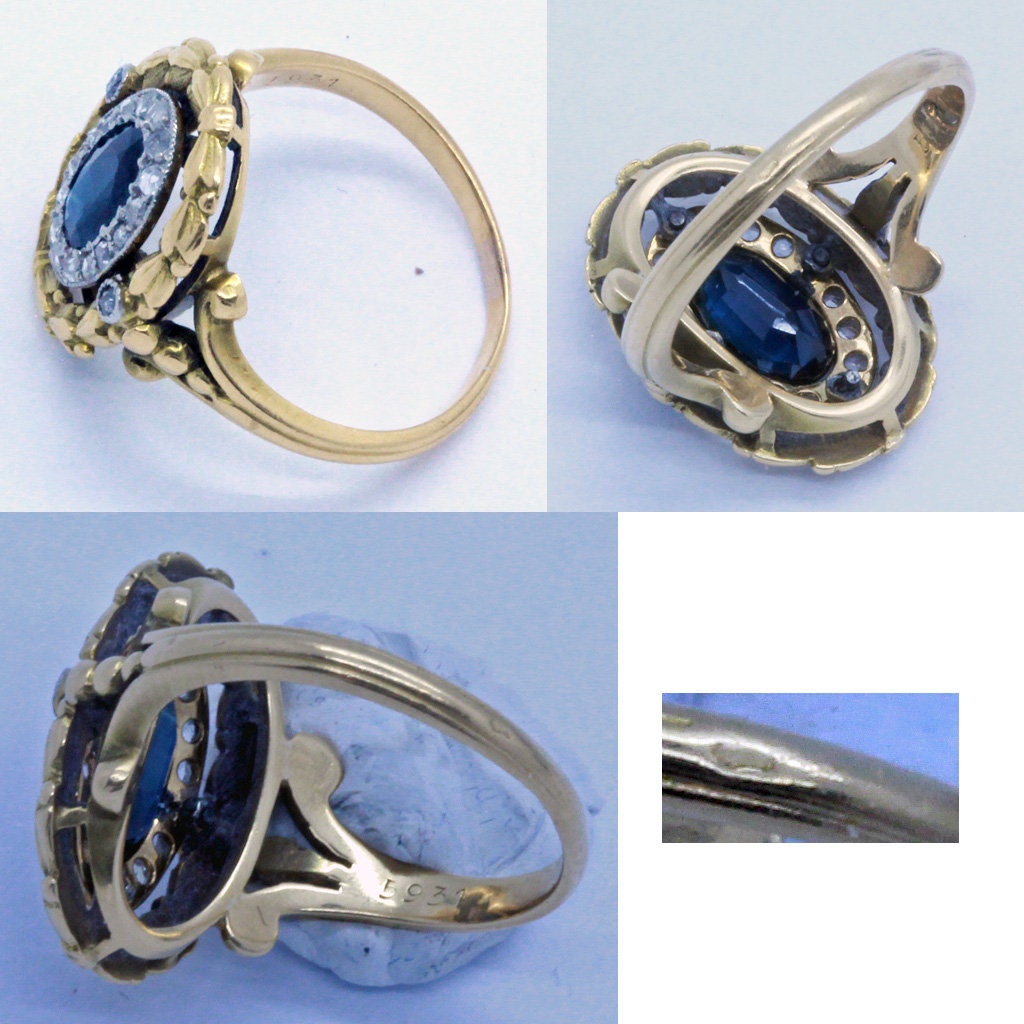 Antique Victorian Ring Sapphire Diamonds 18k Gold Napoleon III French (7042)