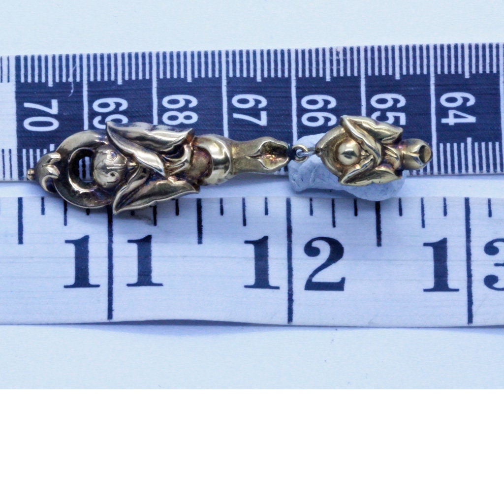 Antique Art Nouveau Earrings 14k Gold long dangling repousse Lily Leaves (7059)
