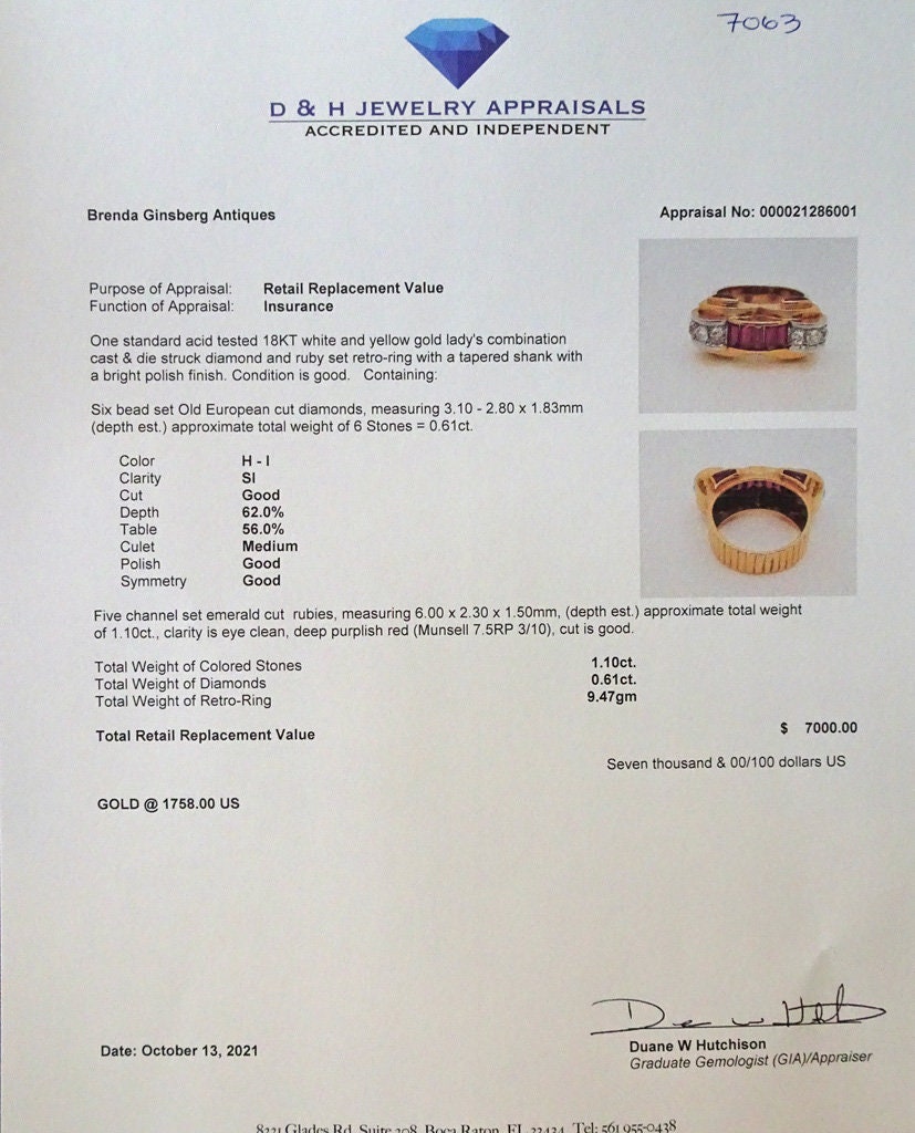 Vintage Retro Ring 18k Gold Rubies Diamonds Geometric Design 1940's (7063)