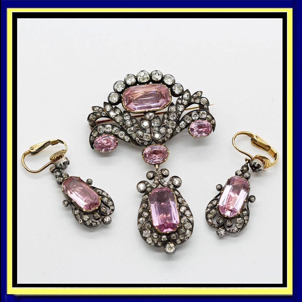 Antique Brooch Pendant Earrings Diamonds Pink Topaz Gold Set w Appraisal (6306