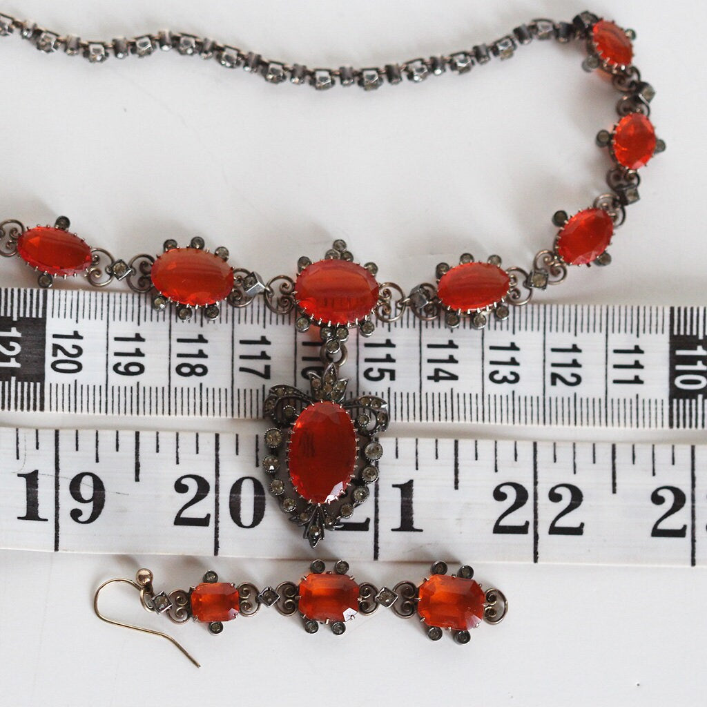 Antique Edwardian Fire Opal Set Necklace Bracelet Earrings Royal