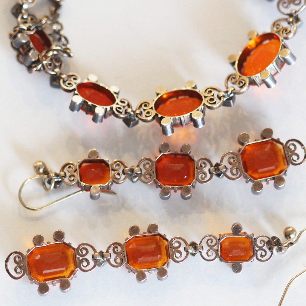 Antique Edwardian Fire Opal Set Necklace Bracelet Earrings Royal Warrant (5977)