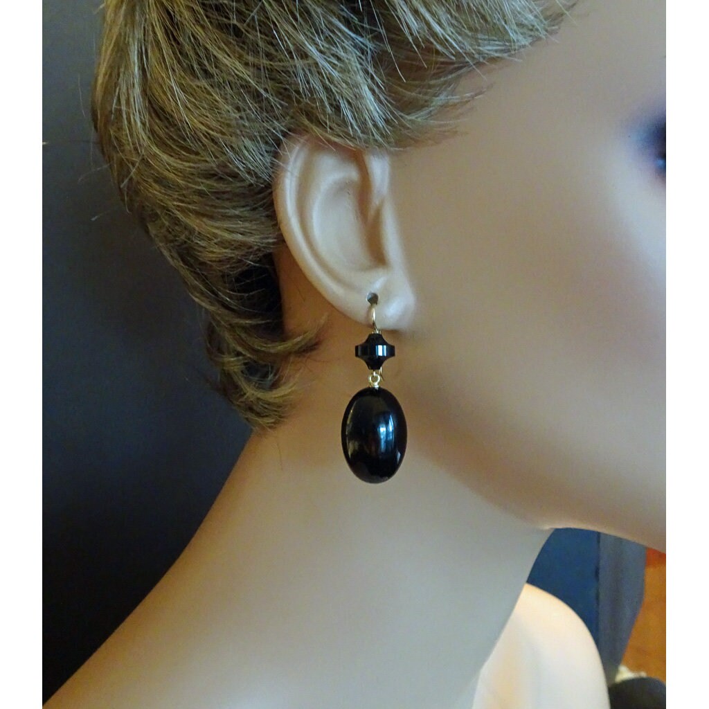 Antique Victorian Earrings Onyx 14k Gold c1870-80 Black Elegant Dangle drop(7073)
