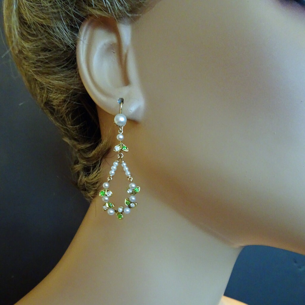 Antique Victorian Nouveau Earrings Gold Pearls Demantoid Garnets Diamonds (7075)