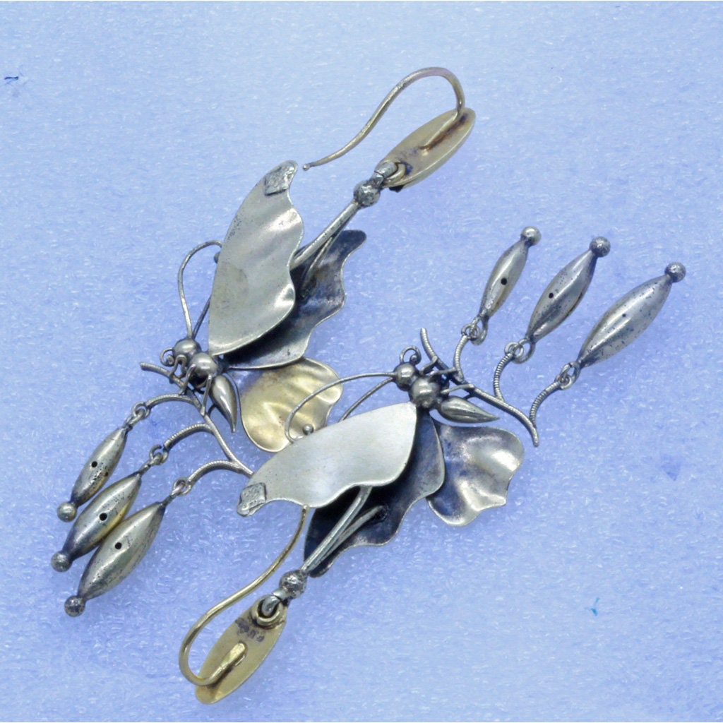 Antique Victorian Earrings 14k Gold Butterfly Ear Pendants English (7080)