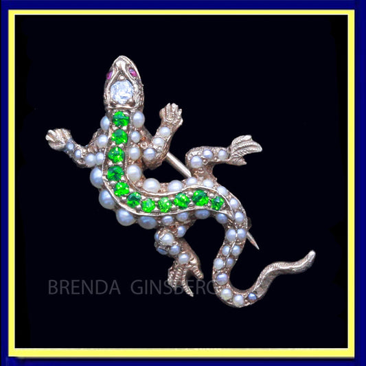 Antique Brooch Demantoid Garnets Diamond Rubies Pearls Lizard Unisex (6864)