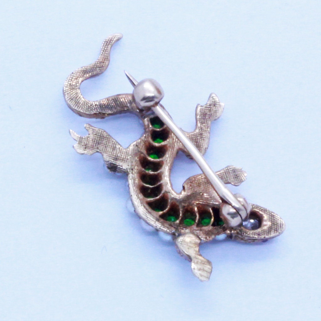 Antique Brooch Demantoid Garnets Diamond Rubies Pearls Lizard Unisex (6864)