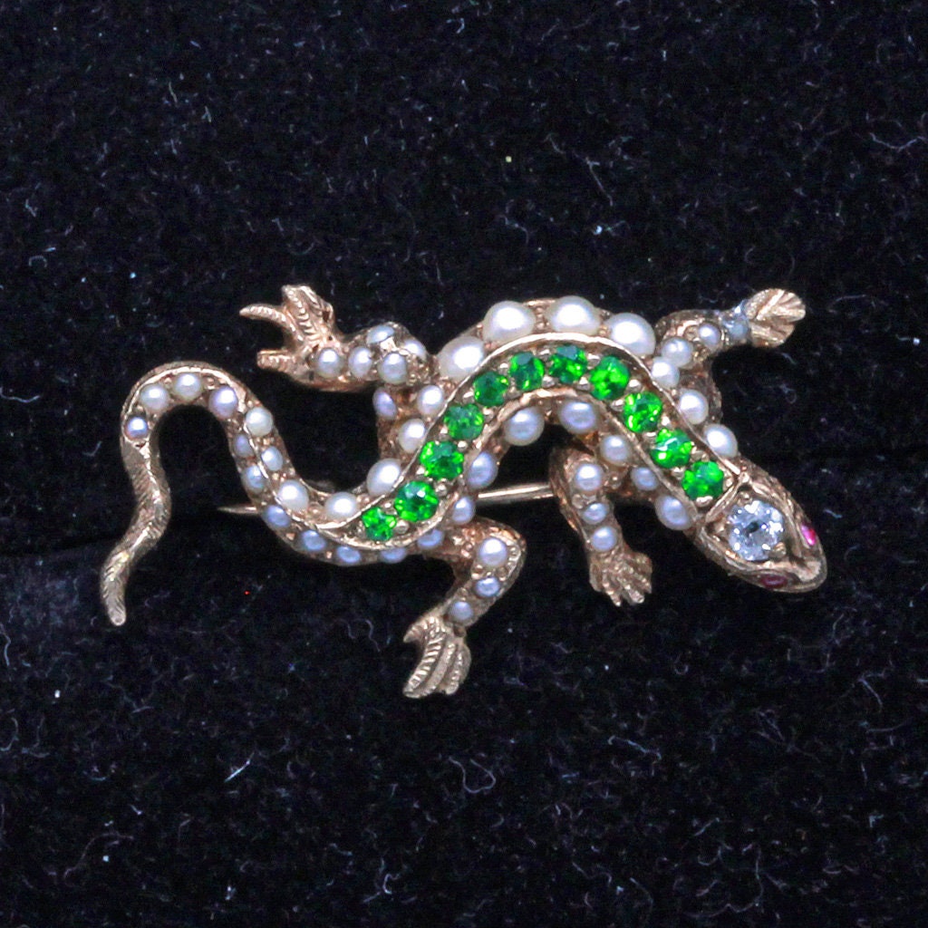 Antique Brooch Demantoid Garnets Diamond Rubies Pearls Lizard Unisex (6864)