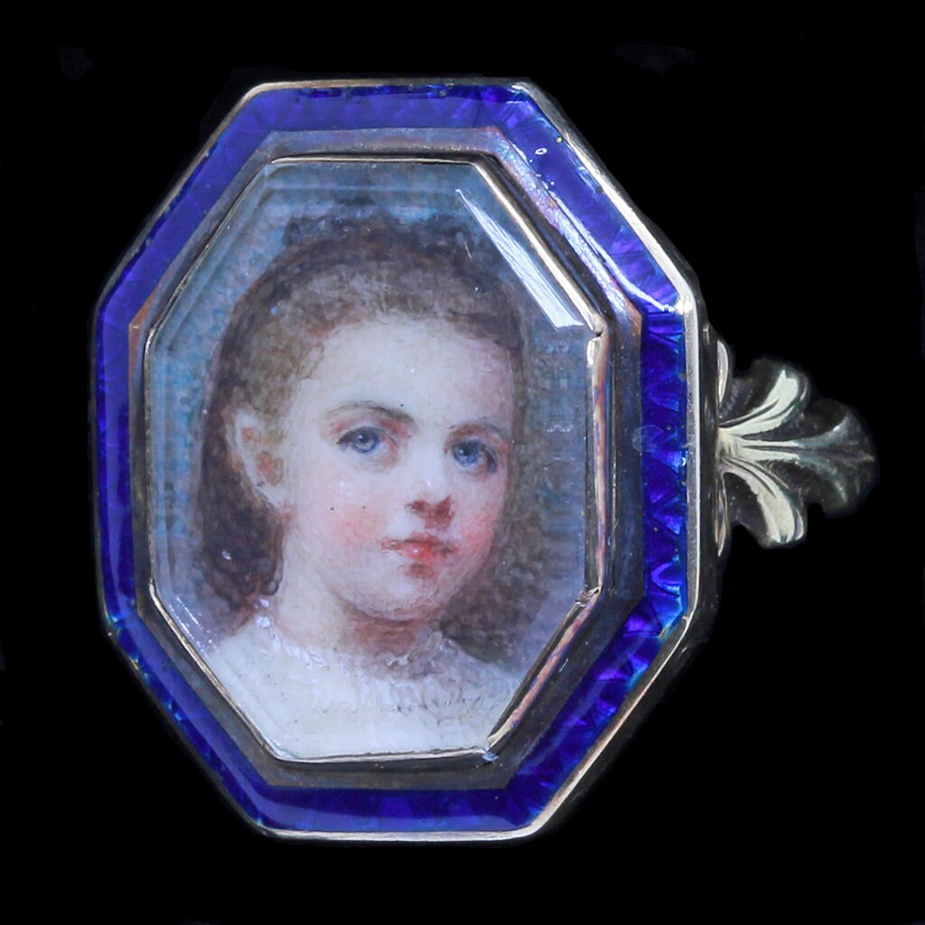 Ring Antique Miniature Portrait. 18k Gold Enamel French (#4728)