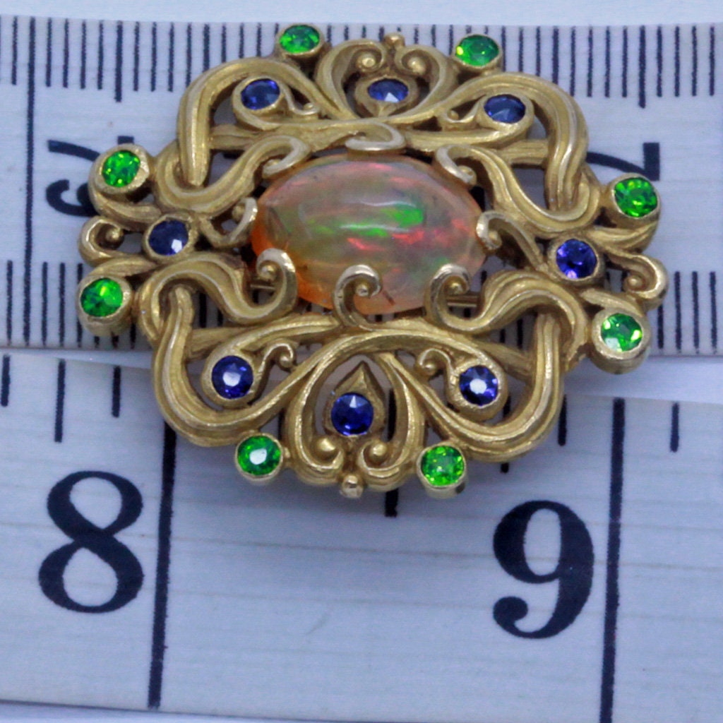 Art Nouveau Brooch F Walter Lawrence Gold Opal Demantoid Sapphires Unisex (7067)