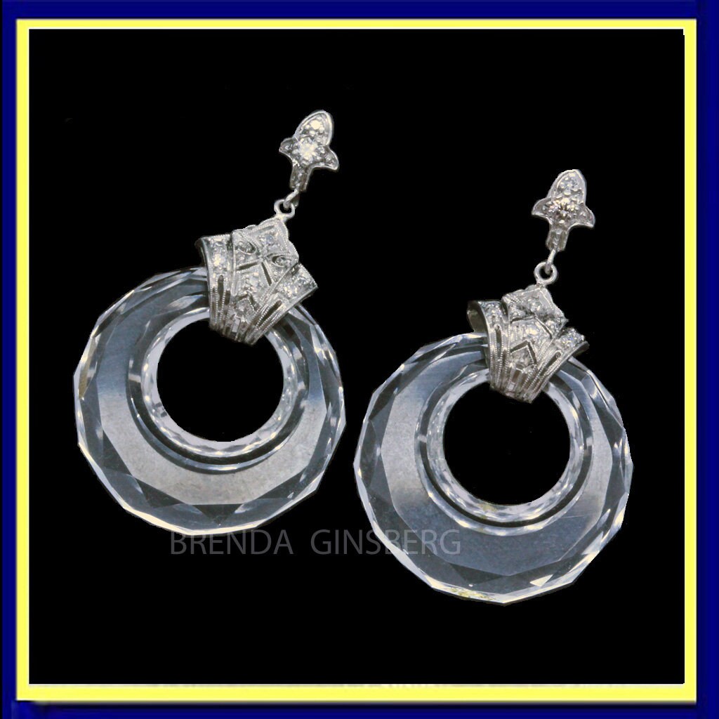 Antique Art Deco Earrings Gold Diamonds Carved Rock Crystal Dangle Hoops (7074)