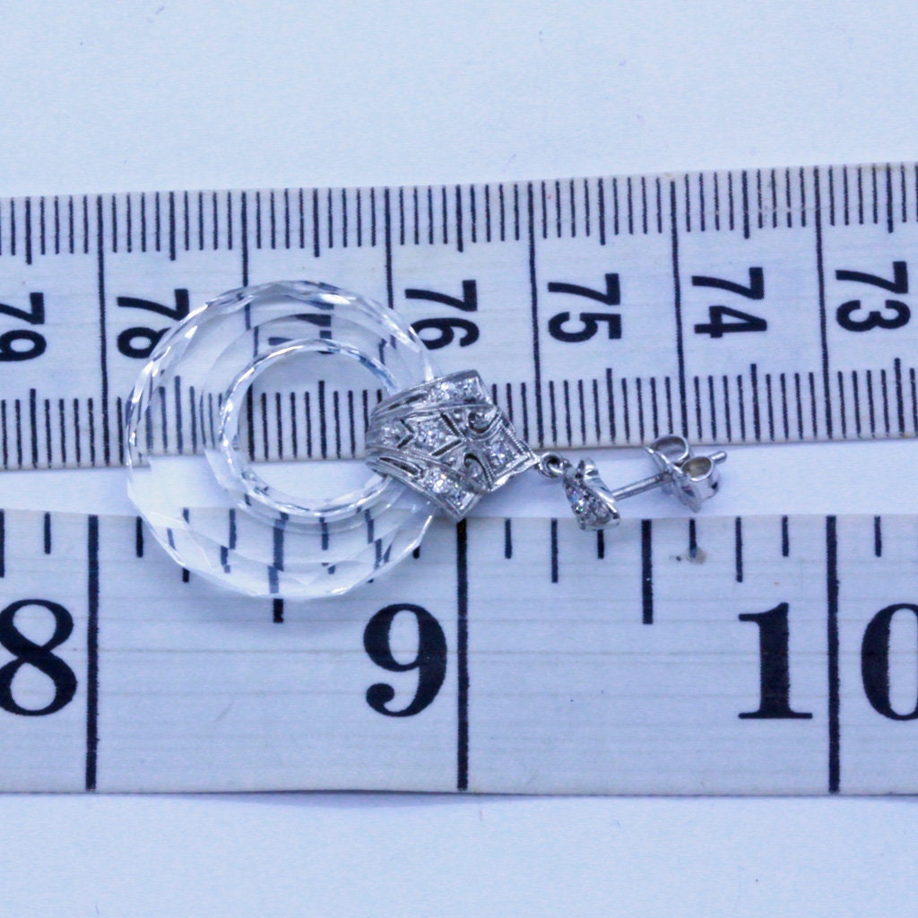 Antique Art Deco Earrings Gold Diamonds Carved Rock Crystal Dangle Hoops (7074)