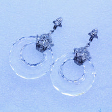 Antique Art Deco Earrings Gold Diamonds Carved Rock Crystal Dangle Hoops (7074)