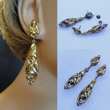 Antique Art Nouveau Earrings 14k Gold long dangling repousse Lily Leaves (7059)