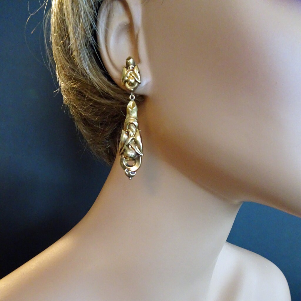 Antique Art Nouveau Earrings 14k Gold long dangling repousse Lily Leaves (7059)