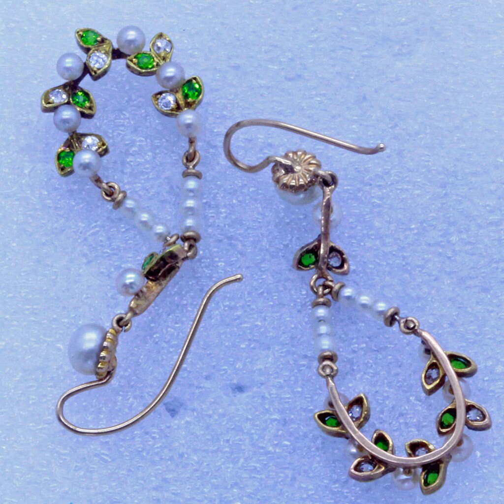 Antique Victorian Nouveau Earrings Gold Pearls Demantoid Garnets Diamonds (7075)