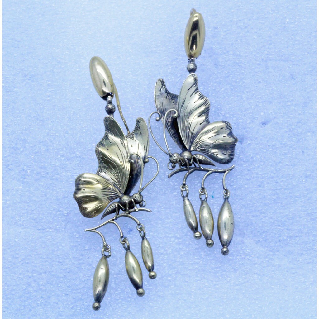 Antique Victorian Earrings 14k Gold Butterfly Ear Pendants English (7080)