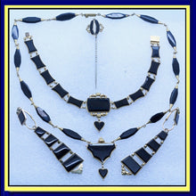 Antique Gold Mourning Jewelry Set Earrings Necklace Bracelet Pin Hearts (6073)