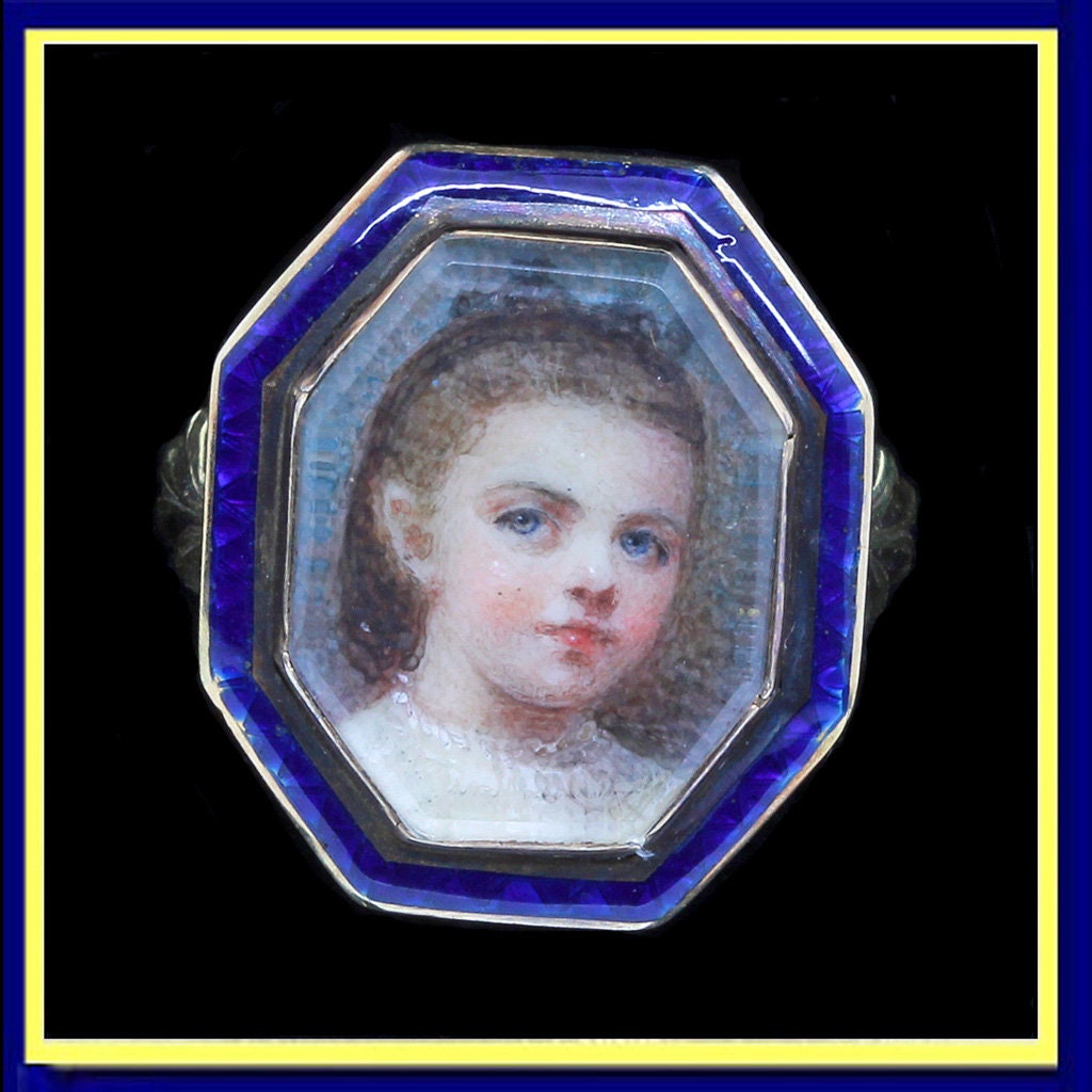Ring Antique Miniature Portrait. 18k Gold Enamel French (#4728)