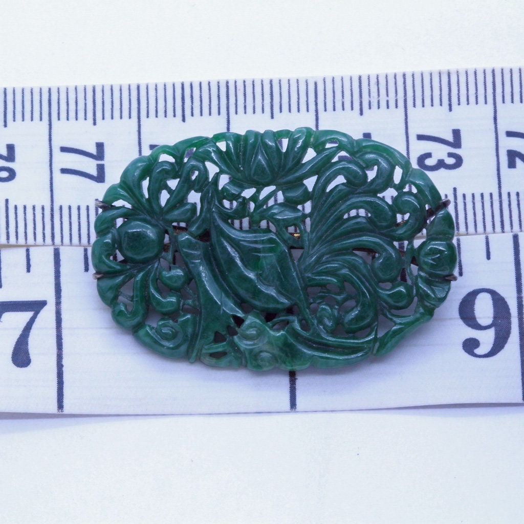 Antique Chinese Jade Brooch Gold Hand Carved Exotic Bird Auspicious Symbols(7058)