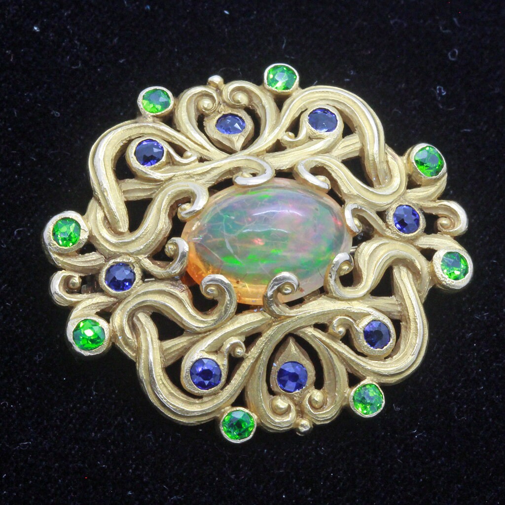 Art Nouveau Brooch F Walter Lawrence Gold Opal Demantoid Sapphires Unisex (7067)