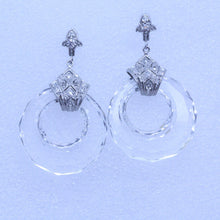 Antique Art Deco Earrings Gold Diamonds Carved Rock Crystal Dangle Hoops (7074)