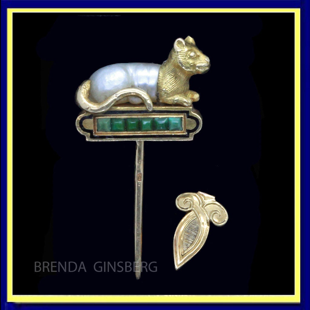 Antique Scarf Pin Brooch 18k Gold Natural Pearl Jade Cat French Unisex (7065)