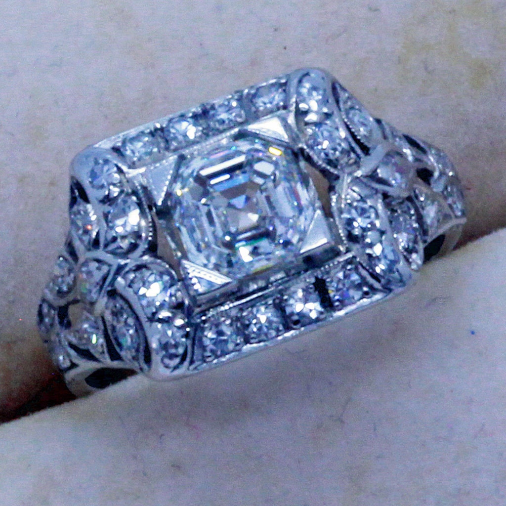 Antique Vintage Deco Ring Asscher Cut E Diamond GIA Platinum Engagement (7072)