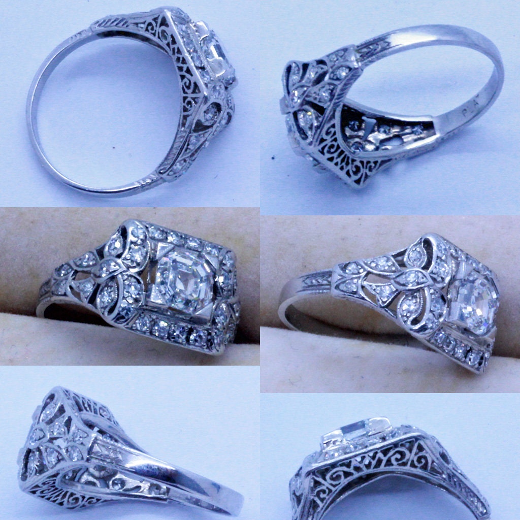 Antique Vintage Deco Ring Asscher Cut E Diamond GIA Platinum Engagement (7072)