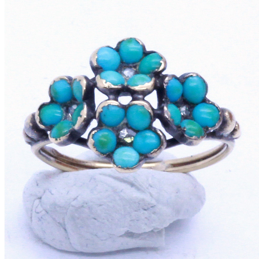 Antique Victorian Ring 18k Gold Silver Turquoise Diamonds French Romantic (7088)
