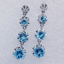 Art Deco Vintage long Earrings 18k White Gold Diamonds Blue Topaz French (7093)