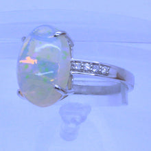 Vintage Ring 18k white gold, large opal and diamonds made in France (7102)