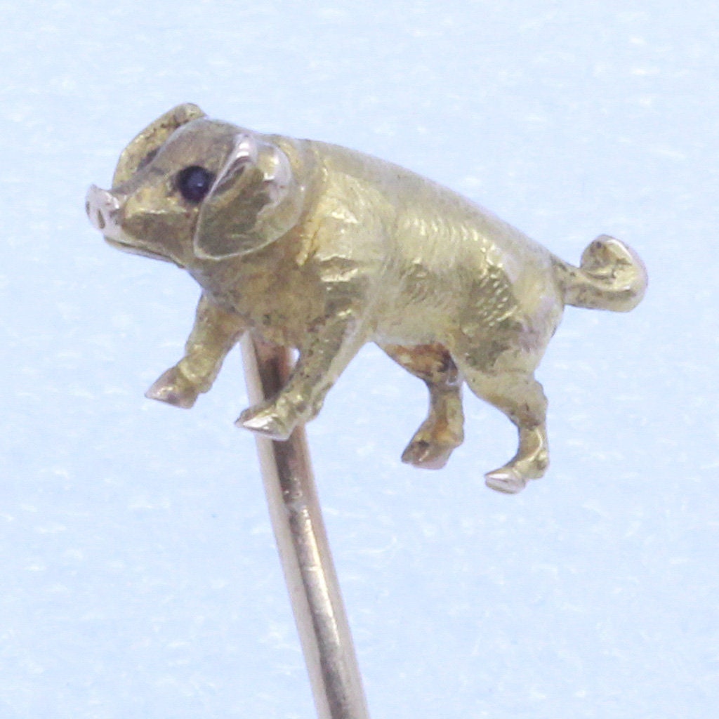 Antique Victorian Brooch 18K Gold French Bulldog Safety Pin Unisex Clasp (7325)
