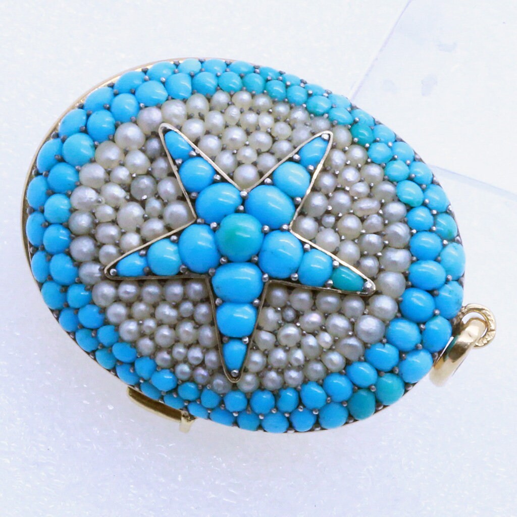 Antique Victorian Locket Pendant Gold Natural Pearls Turquoise Star French (7108)