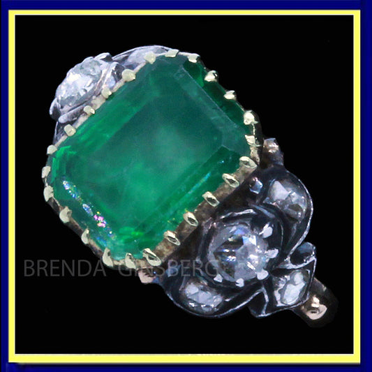 Antique Victorian Emerald and Diamond ring 18k Gold and Silver, French (7089)