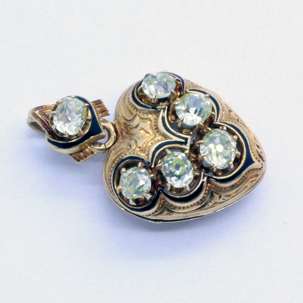Antique Victorian Heart Pendant Locket 18k Gold Diamonds Enamel French (7096)