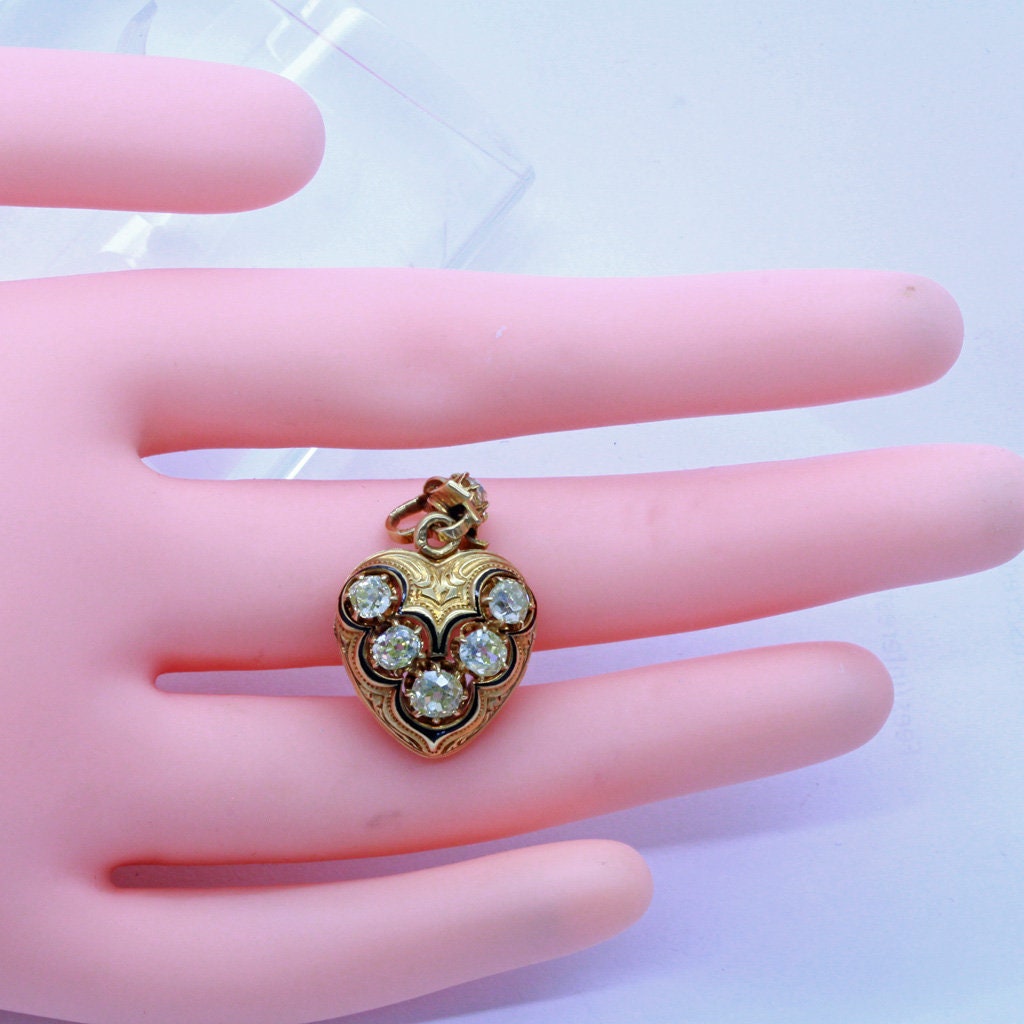 Antique Victorian Heart Pendant Locket 18k Gold Diamonds Enamel French (7096)