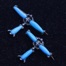 Antique Early Victorian Pair Brooches 18k Gold Turquoise Diamonds Silver (7105)