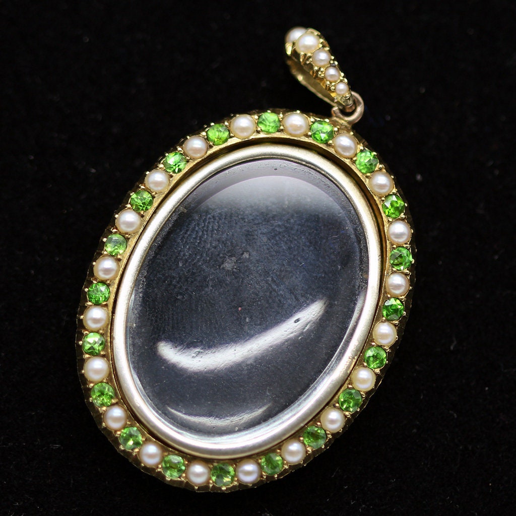 Antique Victorian Locket Pendant Gold Demantoid Garnet Pearls Appraisal (5414)