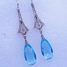 Antique Victorian Earrings Ear Pendants Aquamarine Diamonds Platinum Gold (7078)