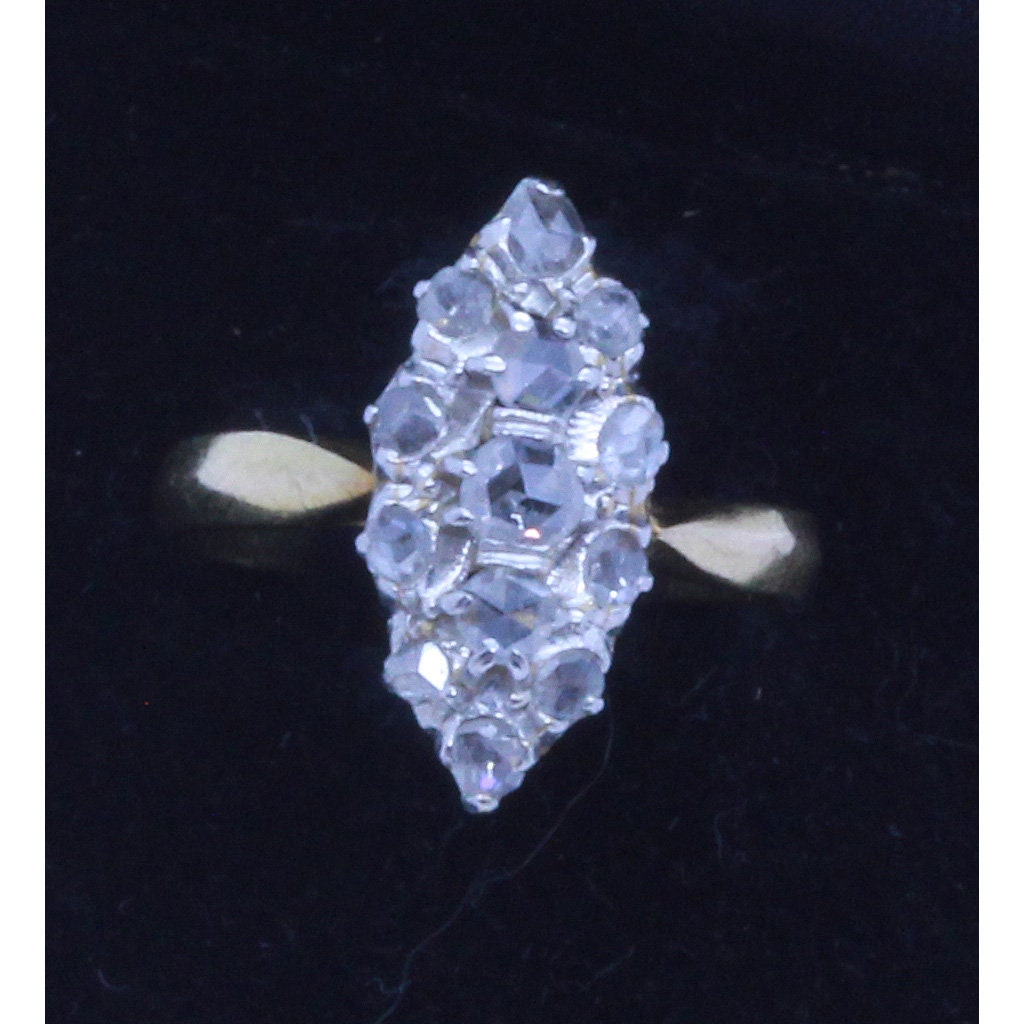 Antique Victorian Ring 18k Gold Platinum Rose-cut Diamonds French Navette (7090)