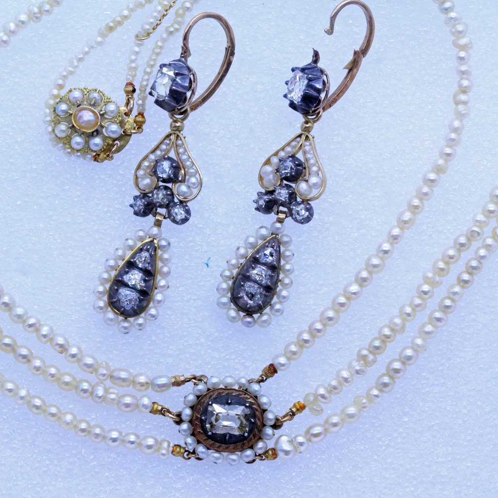 Georgian Set Earrings Necklace 18k Gold Diamonds Pearls French Bridal (7098)