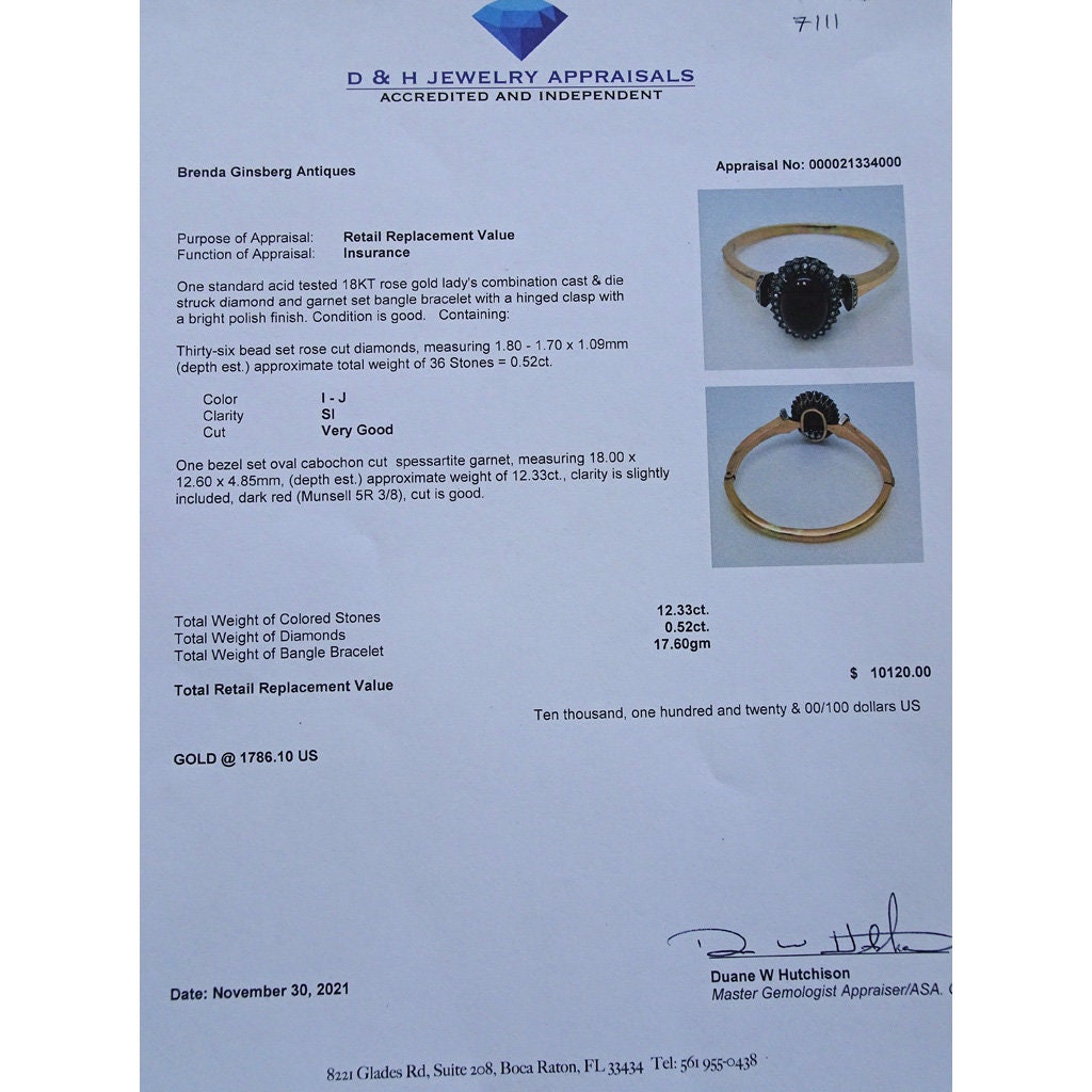 Antique Victorian Bangle Bracelet 18k Gold Diamonds Garnet French Appraisal(7111)